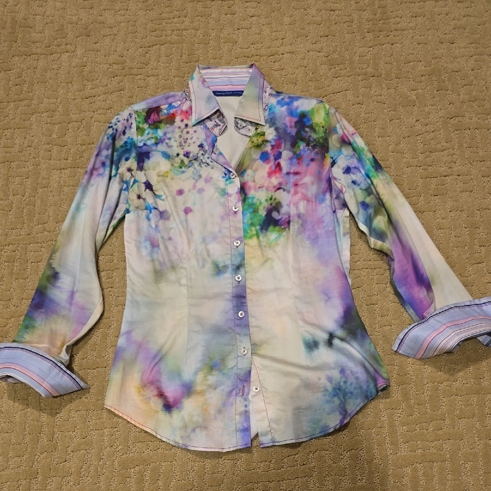 Georg Roth Los Angeles Watercolor Multicolor Button-Up Blouse With Sequin Detail